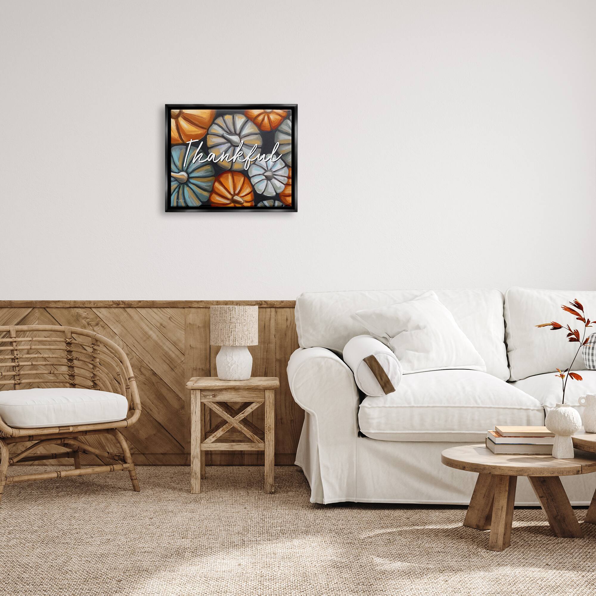 Stupell Industries Autumn Thankful Pumpkins Phrase Framed Floater Canvas Wall Art